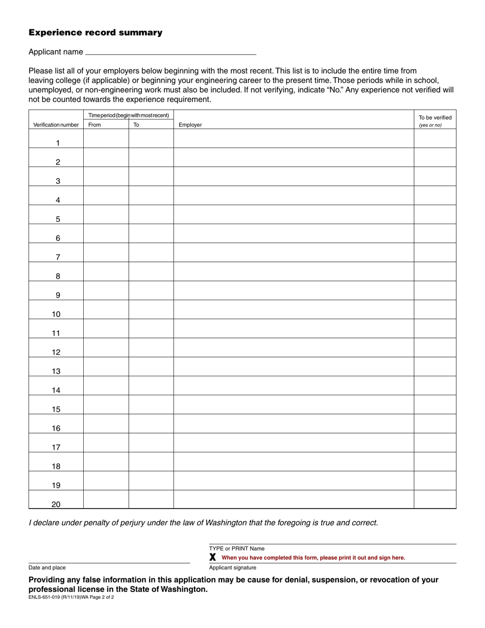 Form ENLS-651-019 Engineer-In-training Long Form Registration Application - Washington, Page 2