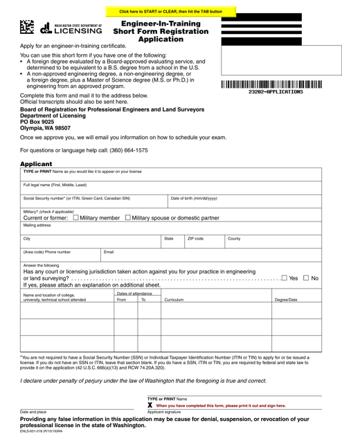 Form ENLS-651-018 Engineer-In-training Short Form Registration Application - Washington