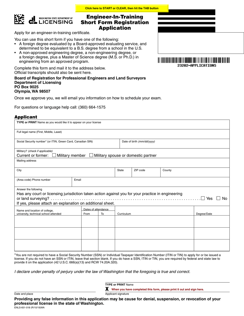 Form ENLS-651-018 Engineer-In-training Short Form Registration Application - Washington, Page 1