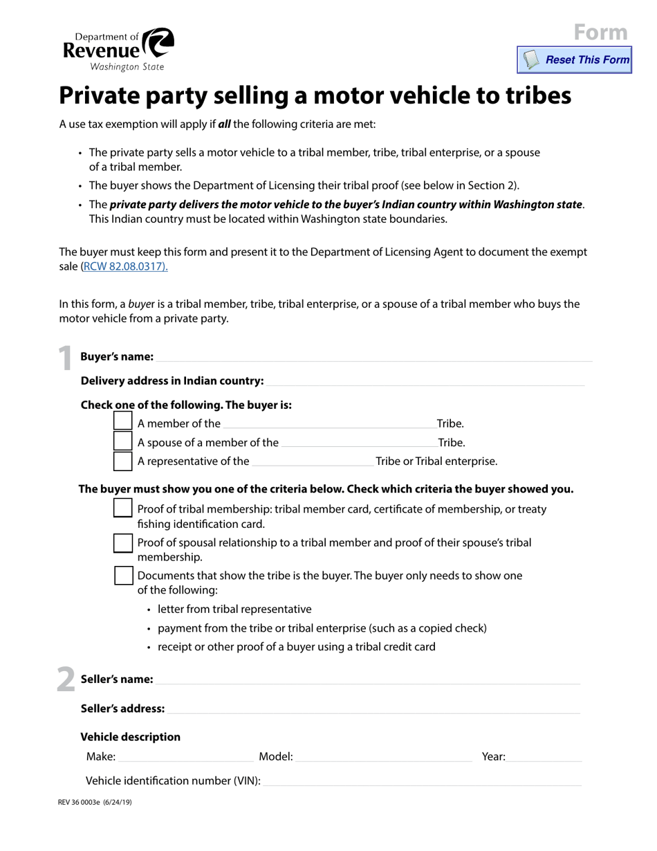 Form REV36 0003 Private Party Selling a Motor Vehicle to Tribes - Washington, Page 1