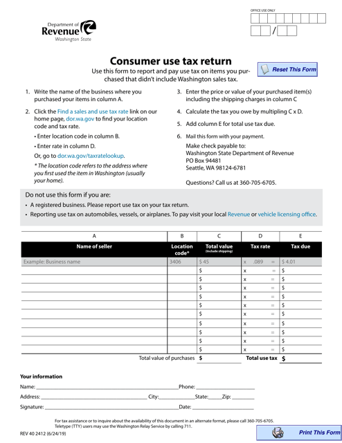 Form REV40 2412 Consumer Use Tax Return - Washington