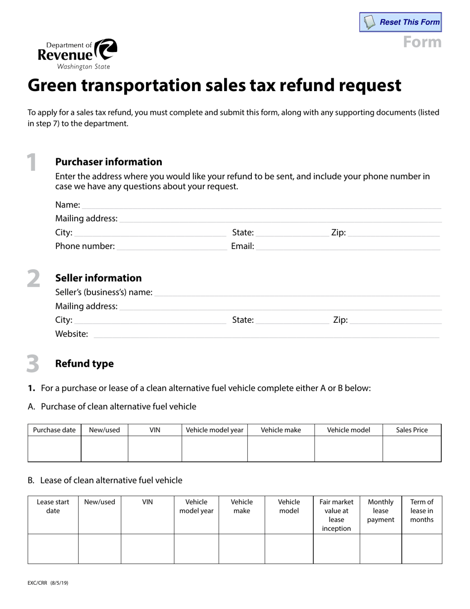 Form EXC / CRR Green Transportation Sales Tax Refund Request - Washington, Page 1