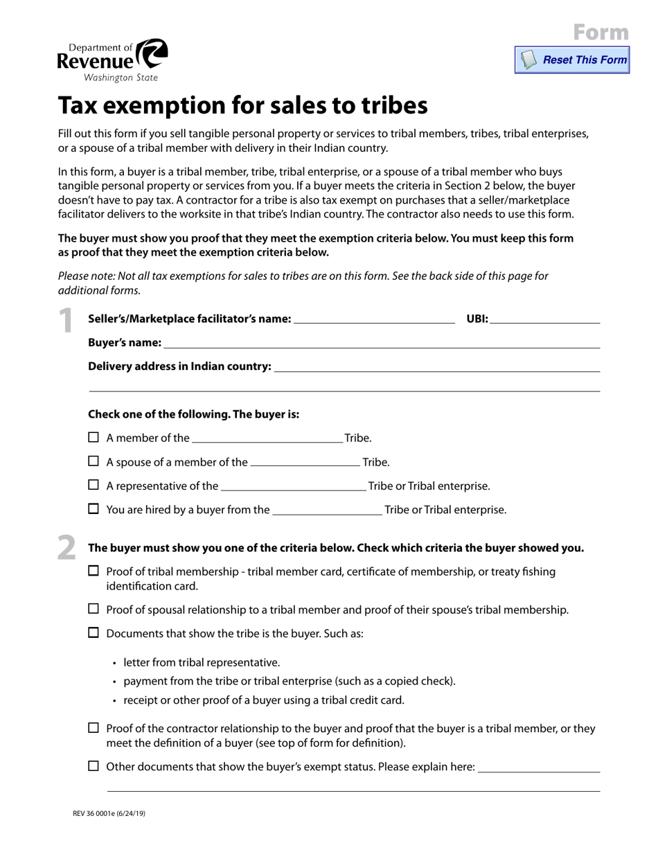Form REV36 0001E Tax Exemption for Sales to Tribes - Washington, Page 1