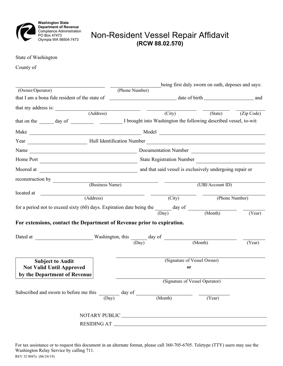 Form REV32 0047 Non-resident Vessel Repair Affidavit - Washington, Page 1