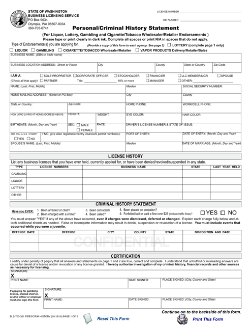 Form BLS-700-301 Personal/Criminal History Statement (For Liquor, Lottery, Gambling and Cigarette/Tobacco Wholesaler/Retailer Endorsements) - Washington