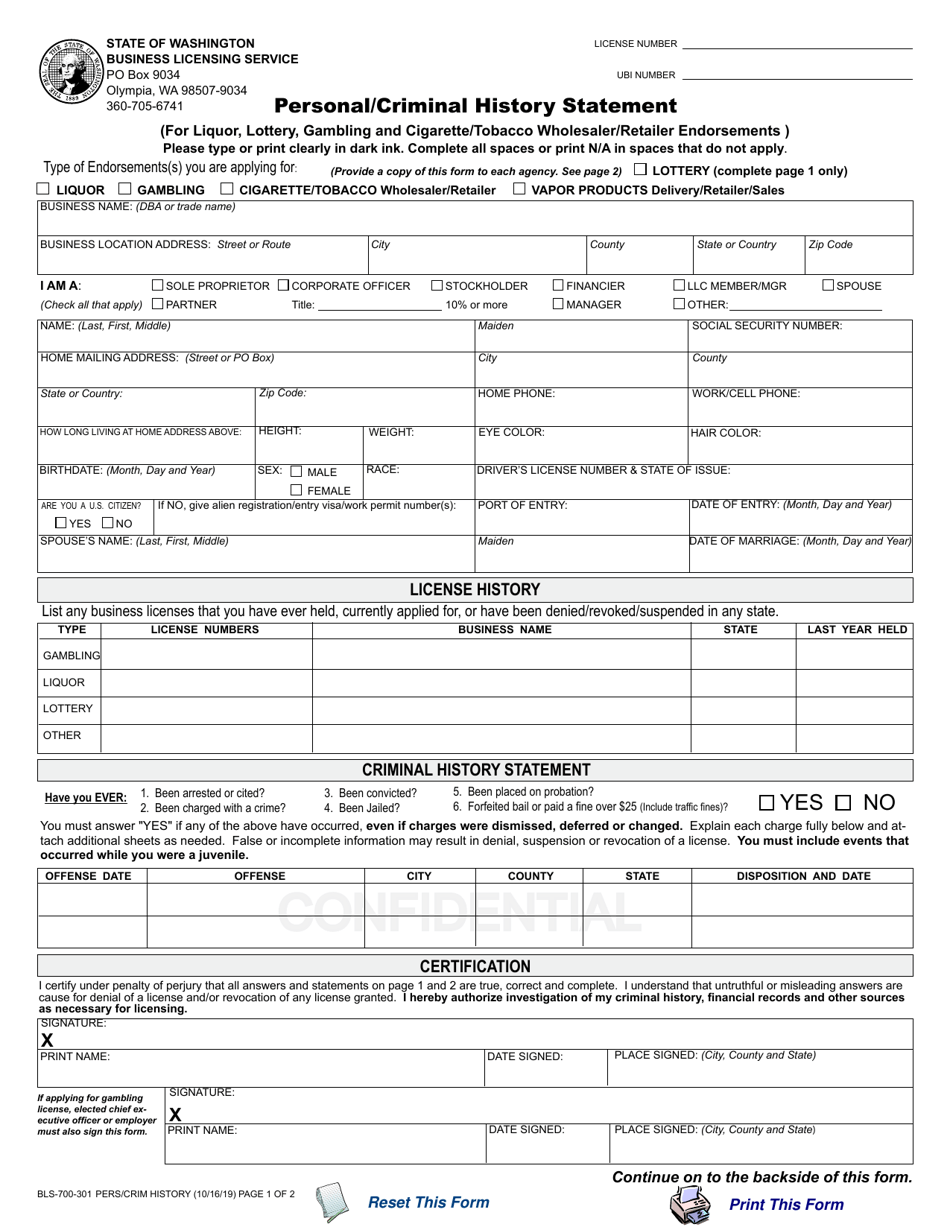 Form BLS-700-301 Personal / Criminal History Statement (For Liquor, Lottery, Gambling and Cigarette / Tobacco Wholesaler / Retailer Endorsements) - Washington, Page 1
