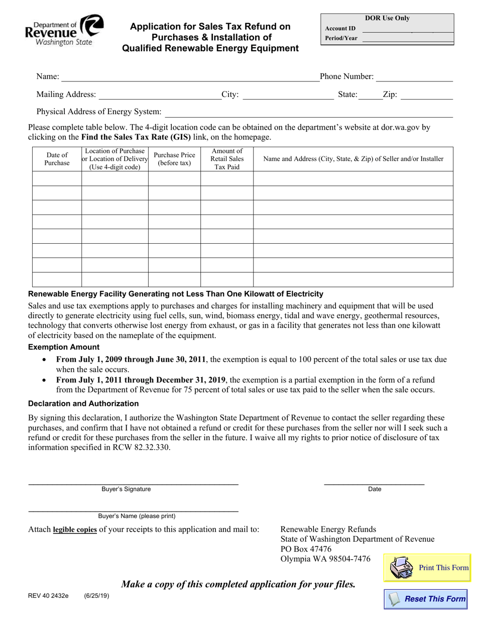 Form REV40 2432E Application for Sales Tax Refund on Purchases  Installation of Qualified Renewable Energy Equipment - Washington, Page 1