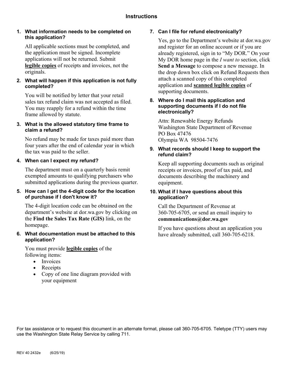 Form REV40 2432E Application for Sales Tax Refund on Purchases  Installation of Qualified Renewable Energy Equipment - Washington, Page 2