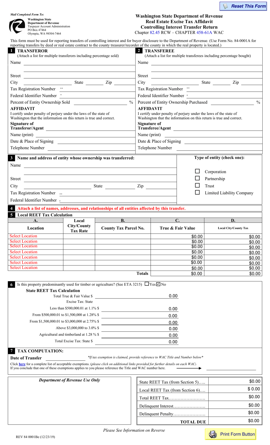 Form REV84 0001BE Real Estate Excise Tax Affidavit Controlling Interest Transfer Return - Washington, Page 1