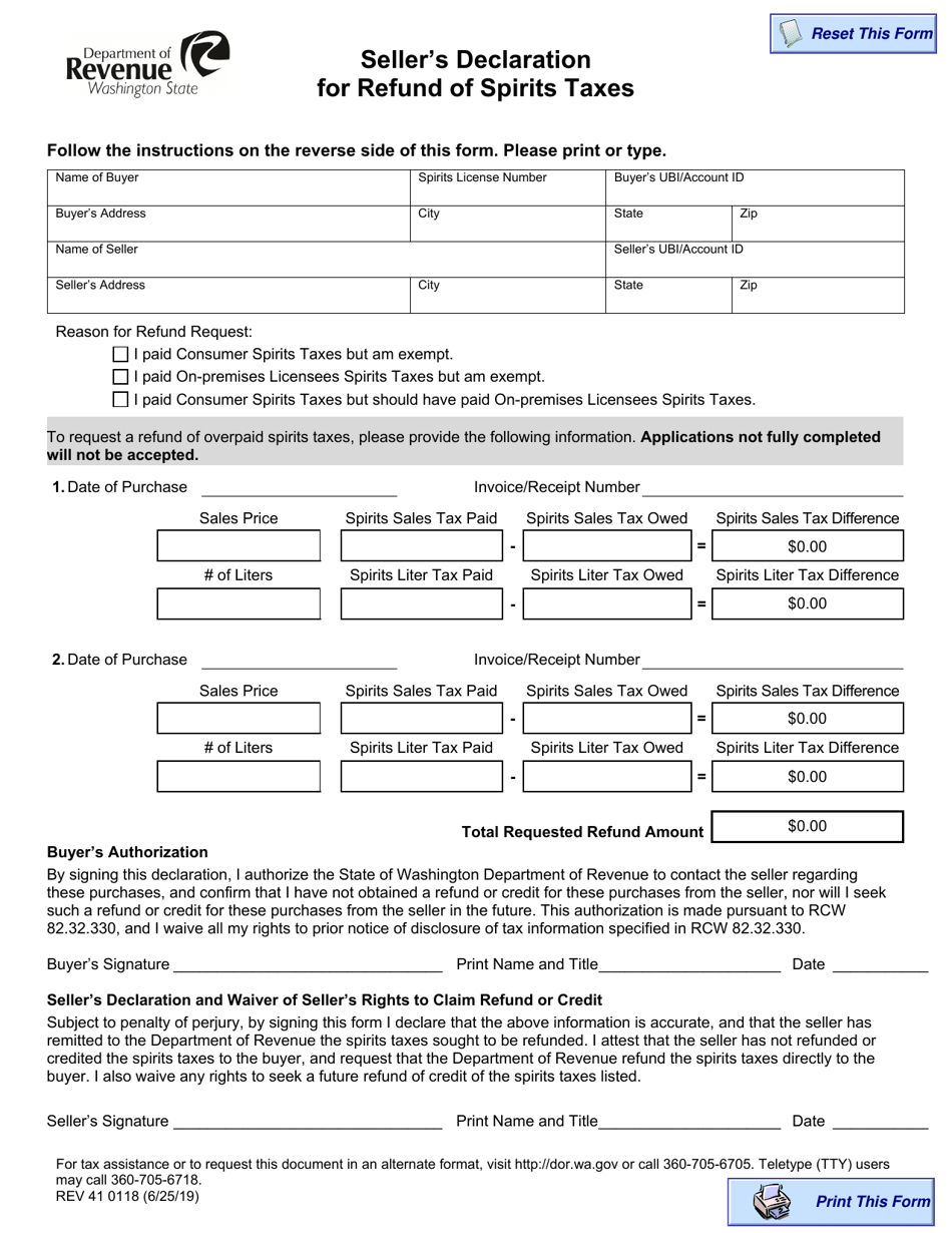 Form REV41 0118 Sellers Declaration for Refund of Spirits Taxes - Washington, Page 1