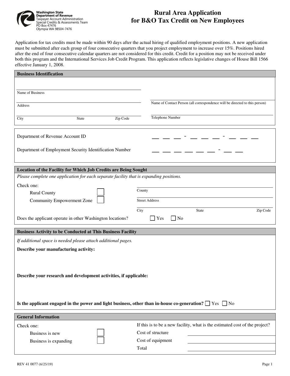 Form REV41 0077 Rural Area Applicationfor Bo Tax Credit on New Employees - Washington, Page 1