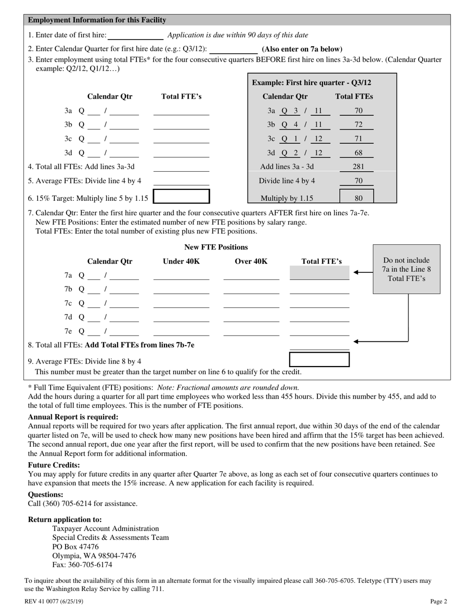 Form REV41 0077 Rural Area Applicationfor Bo Tax Credit on New Employees - Washington, Page 2