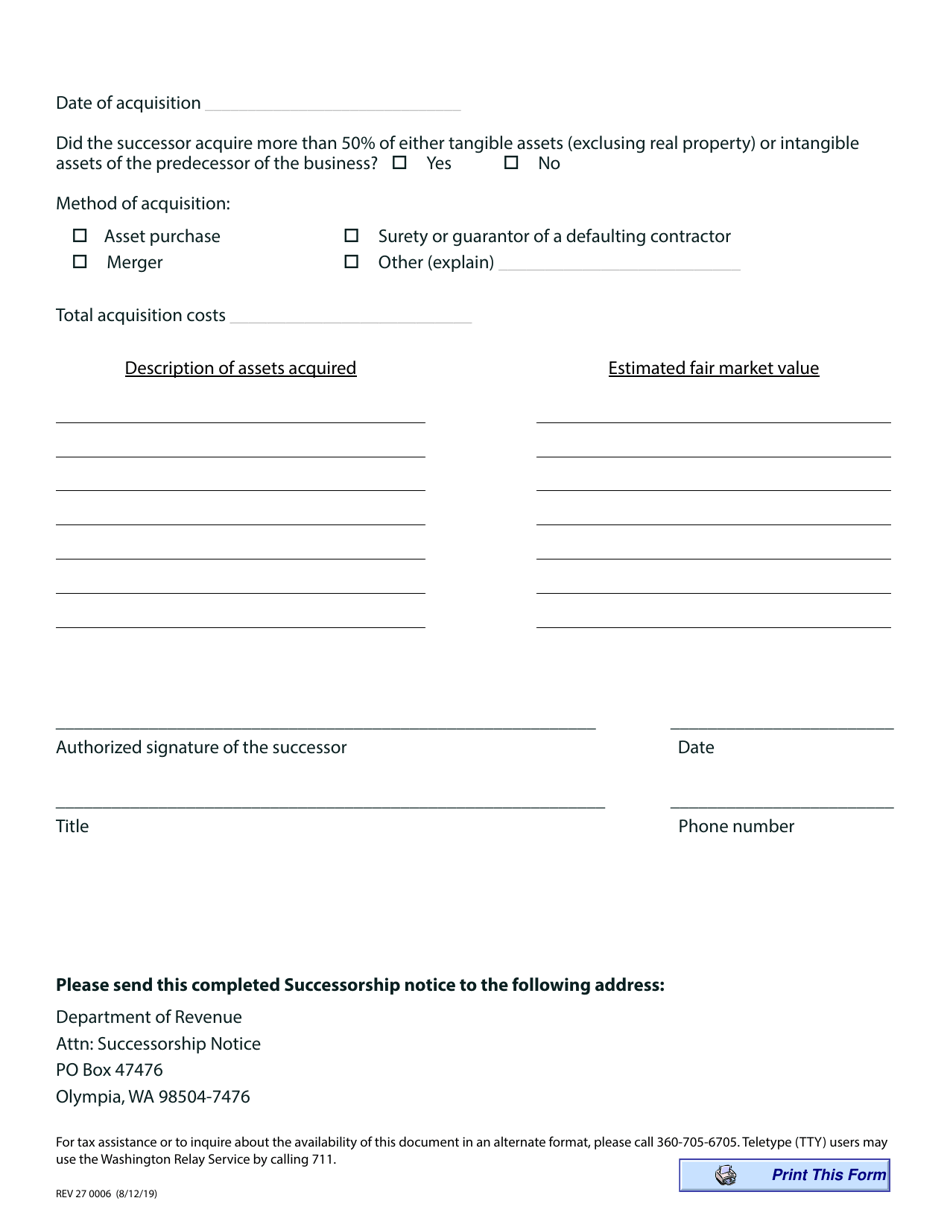 Form REV27 0006 Successorship Notice Form - Washington, Page 2
