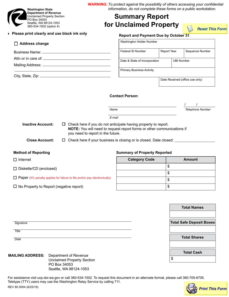 Form REV80 0004 Summary Report for Unclaimed Property - Washington, Page 1