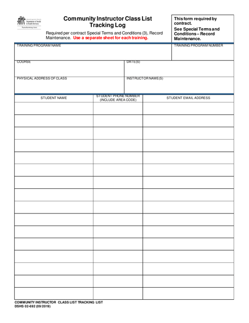 DSHS Form 02-692 Community Instructor Class List Tracking Log - Washington