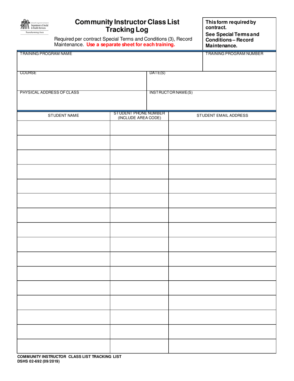 DSHS Form 02-692 Community Instructor Class List Tracking Log - Washington, Page 1