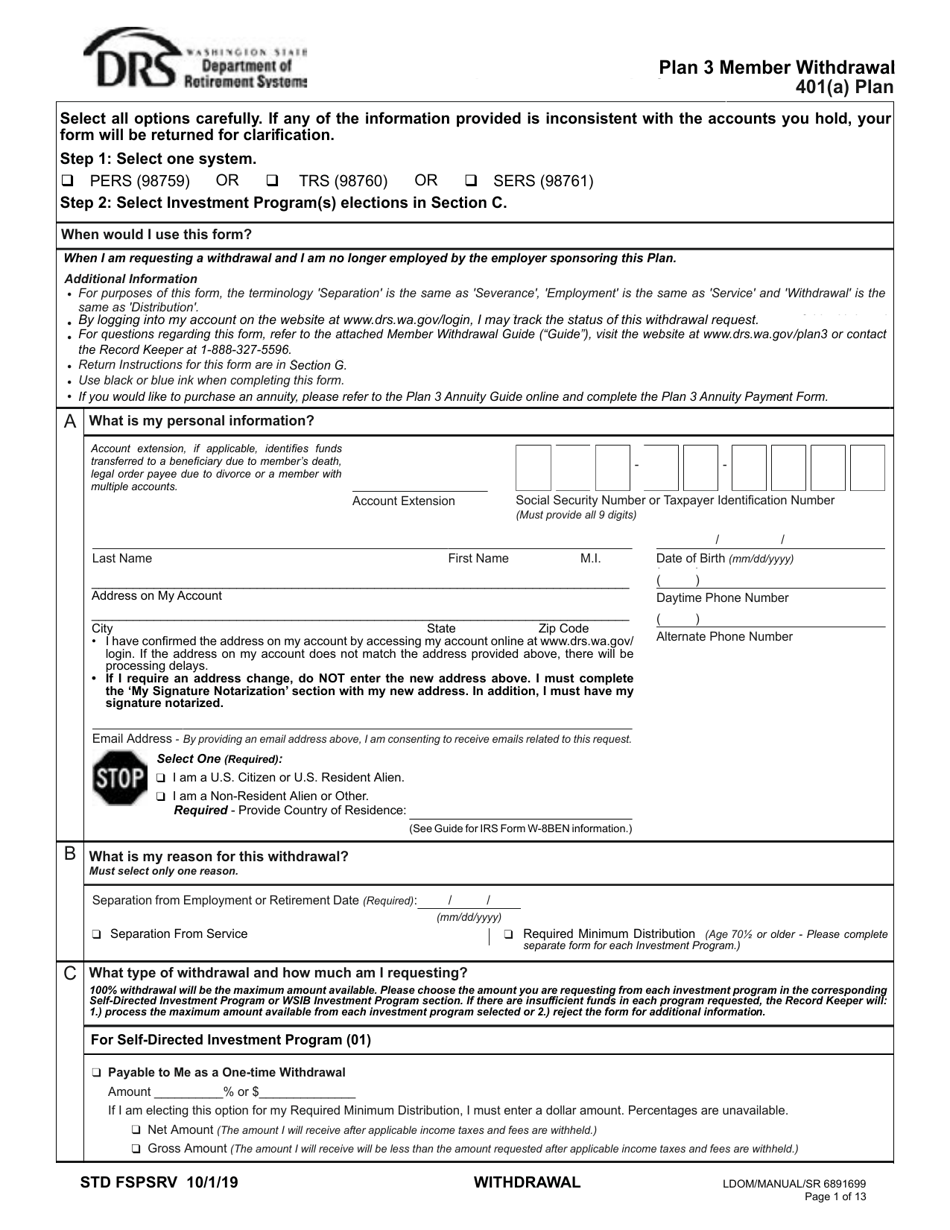 Washington Plan 3 Member Withdrawal 401(A) Plan - Fill Out, Sign Online ...