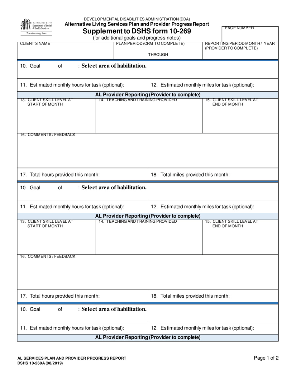 DSHS Form 10-269A Alternative Living Services Plan and Provider Progress Report - Washington, Page 1