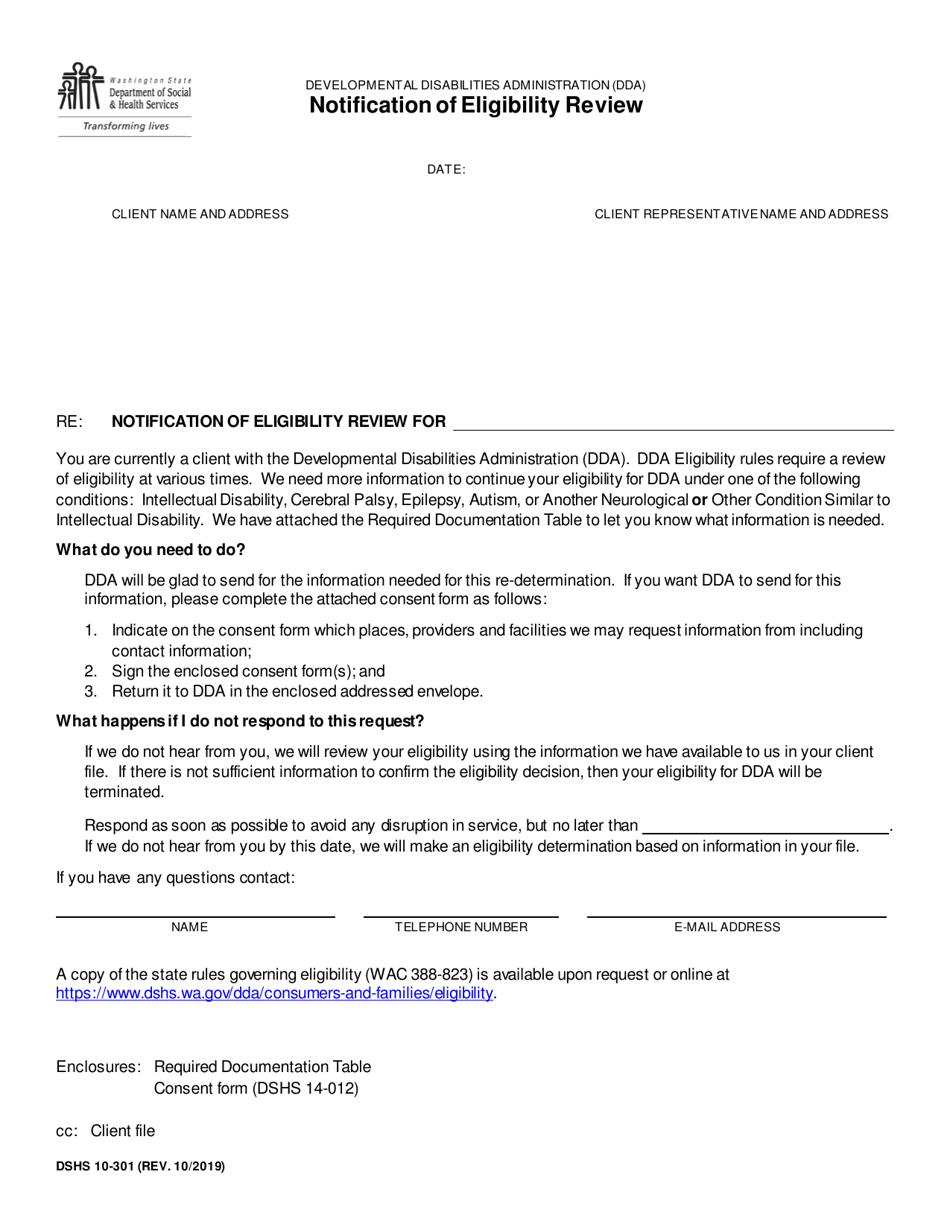 DSHS Form 10-301 Notification of Eligibility Review - Washington, Page 1