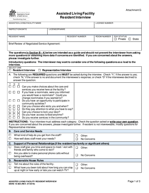 DSHS Form 10-365 Attachment G  Printable Pdf