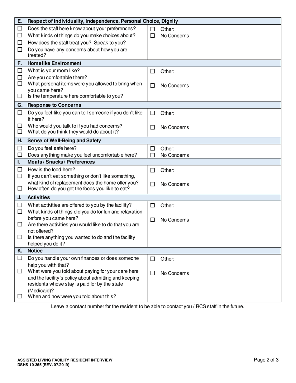 DSHS Form 10-365 Attachment G Assisted Living Facility Resident Interview - Washington, Page 2