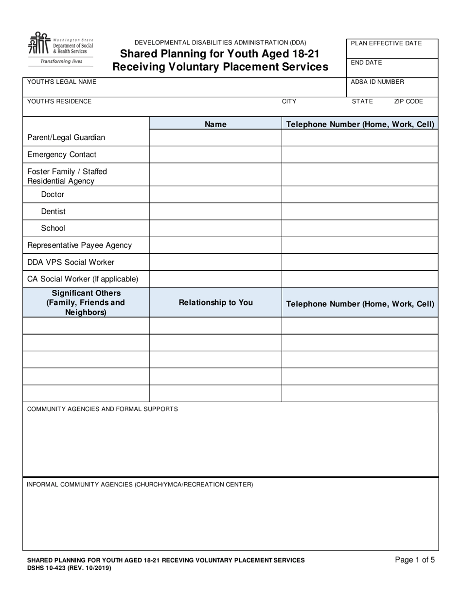 DSHS Form 10-423 Shared Planning for Youth Aged 18-21 Receiving Voluntary Placement Services - Washington, Page 1