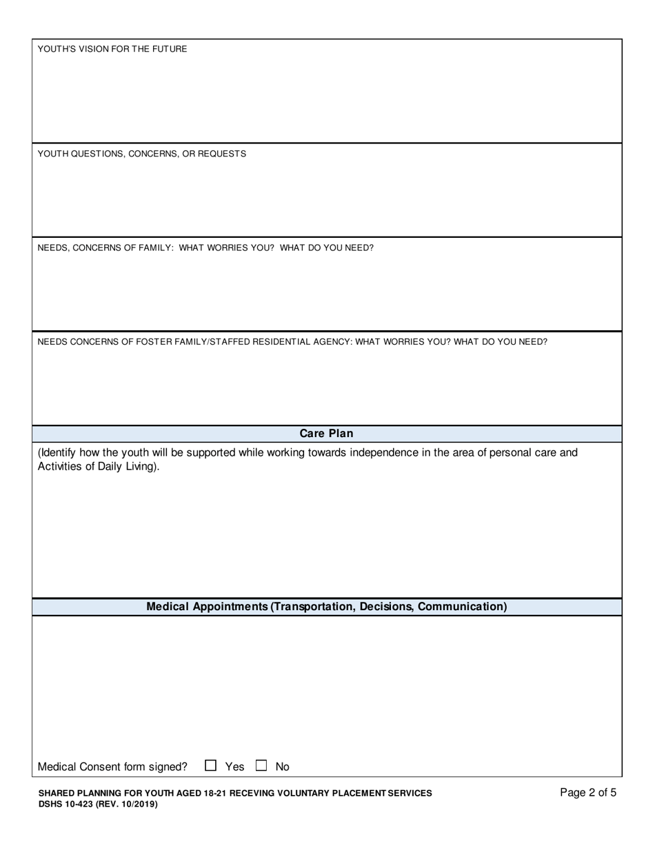 DSHS Form 10-423 Shared Planning for Youth Aged 18-21 Receiving Voluntary Placement Services - Washington, Page 2
