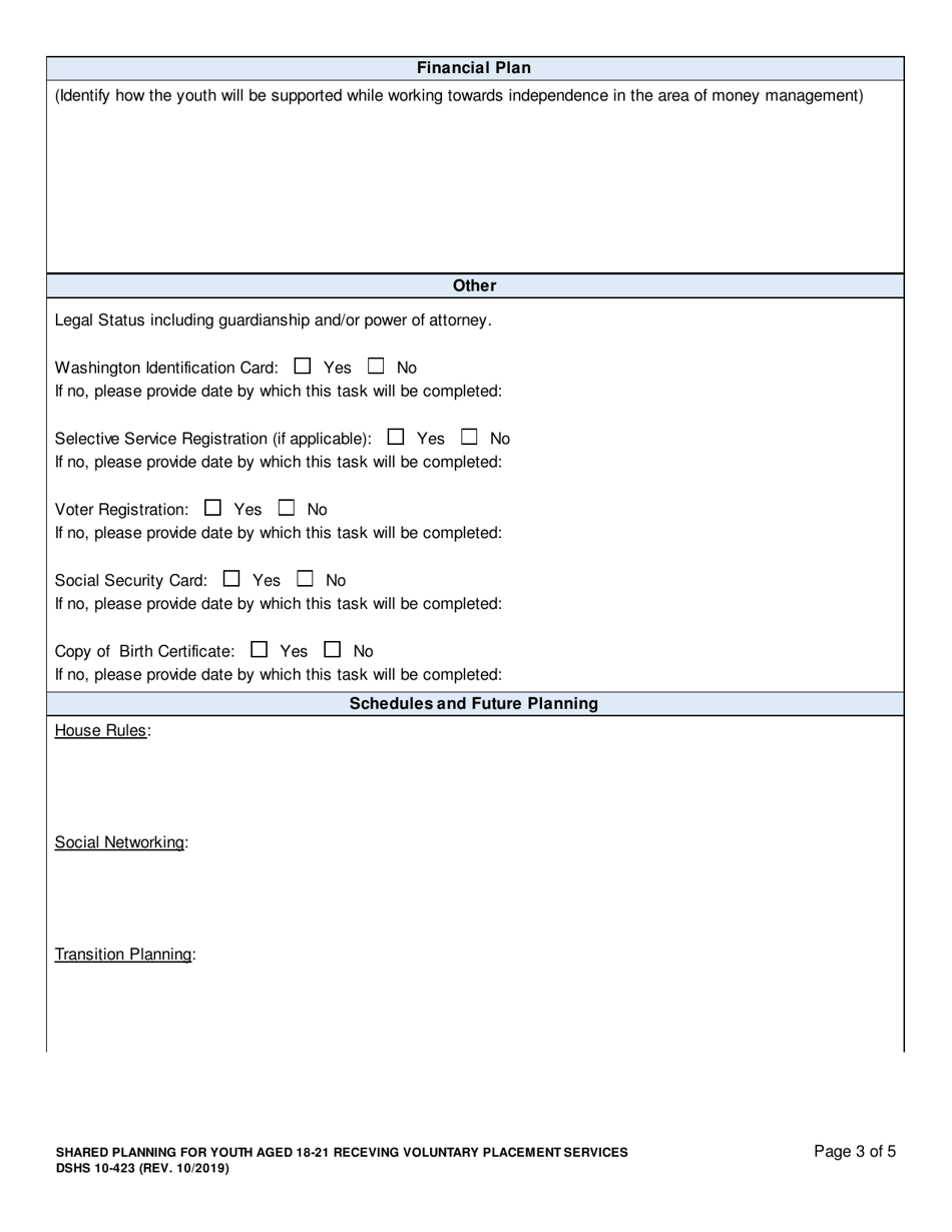 DSHS Form 10-423 Shared Planning for Youth Aged 18-21 Receiving Voluntary Placement Services - Washington, Page 3
