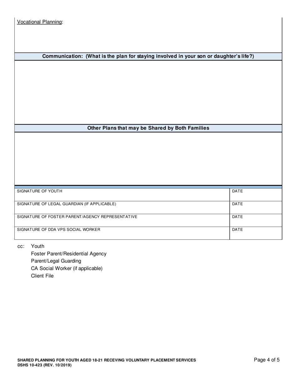 DSHS Form 10-423 Shared Planning for Youth Aged 18-21 Receiving Voluntary Placement Services - Washington, Page 4