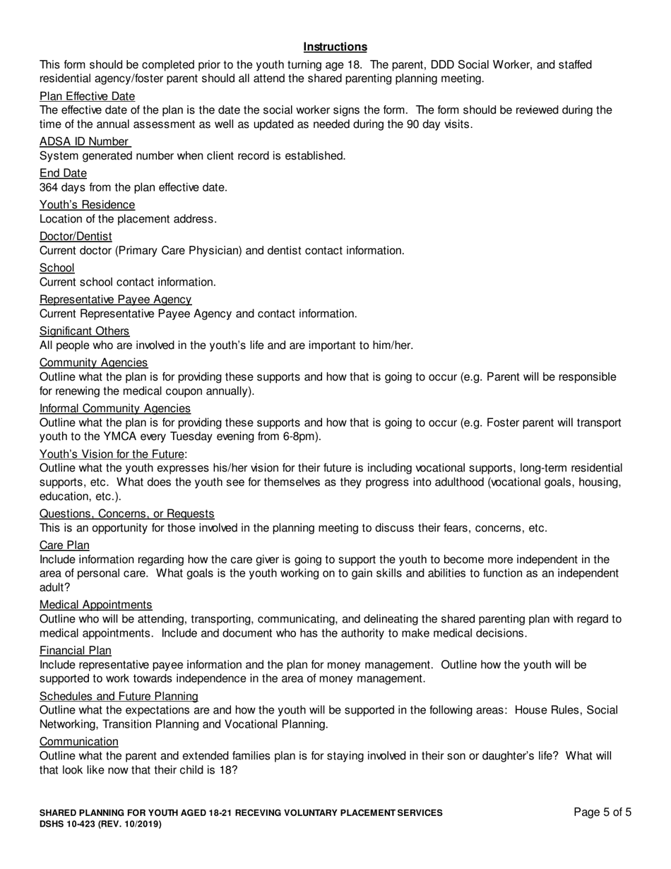 DSHS Form 10-423 Shared Planning for Youth Aged 18-21 Receiving Voluntary Placement Services - Washington, Page 5
