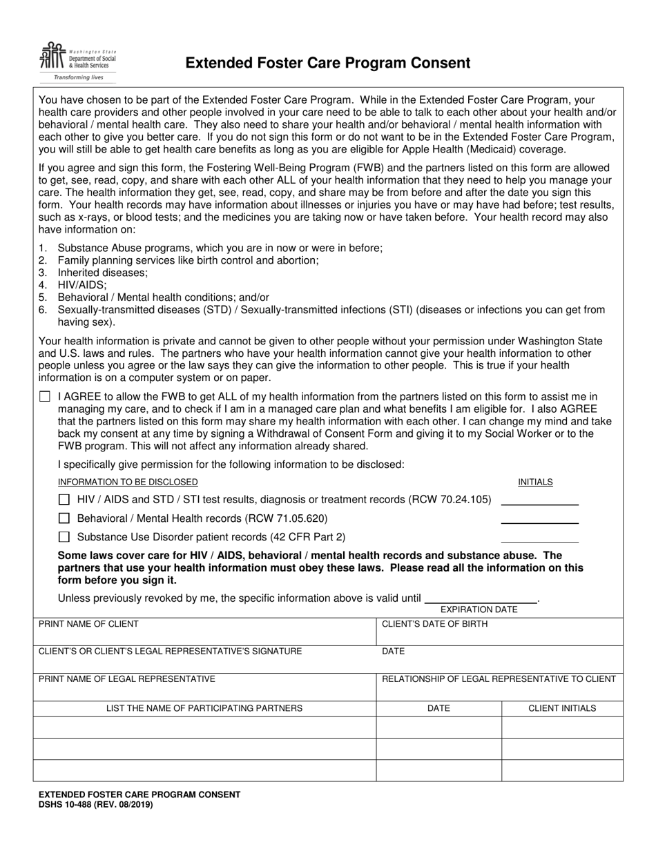 DSHS Form 10-488 Extended Foster Care Program Consent - Washington, Page 1