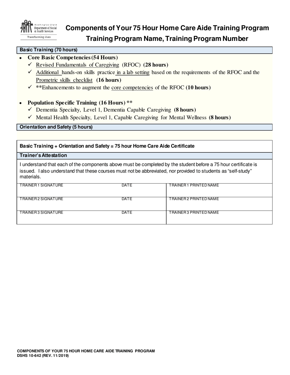 DSHS Form 10-642 Components of Your 75 Hour Home Care Aide Training Program - Washington, Page 1