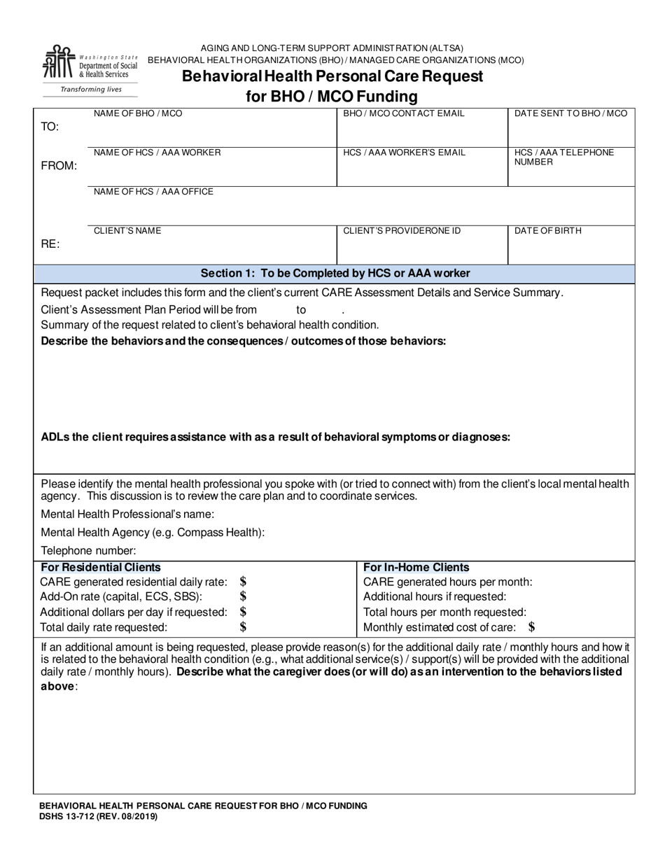 DSHS Form 13-712 Behavioral Health Personal Care Request for Bho / Mco Funding - Washington, Page 1
