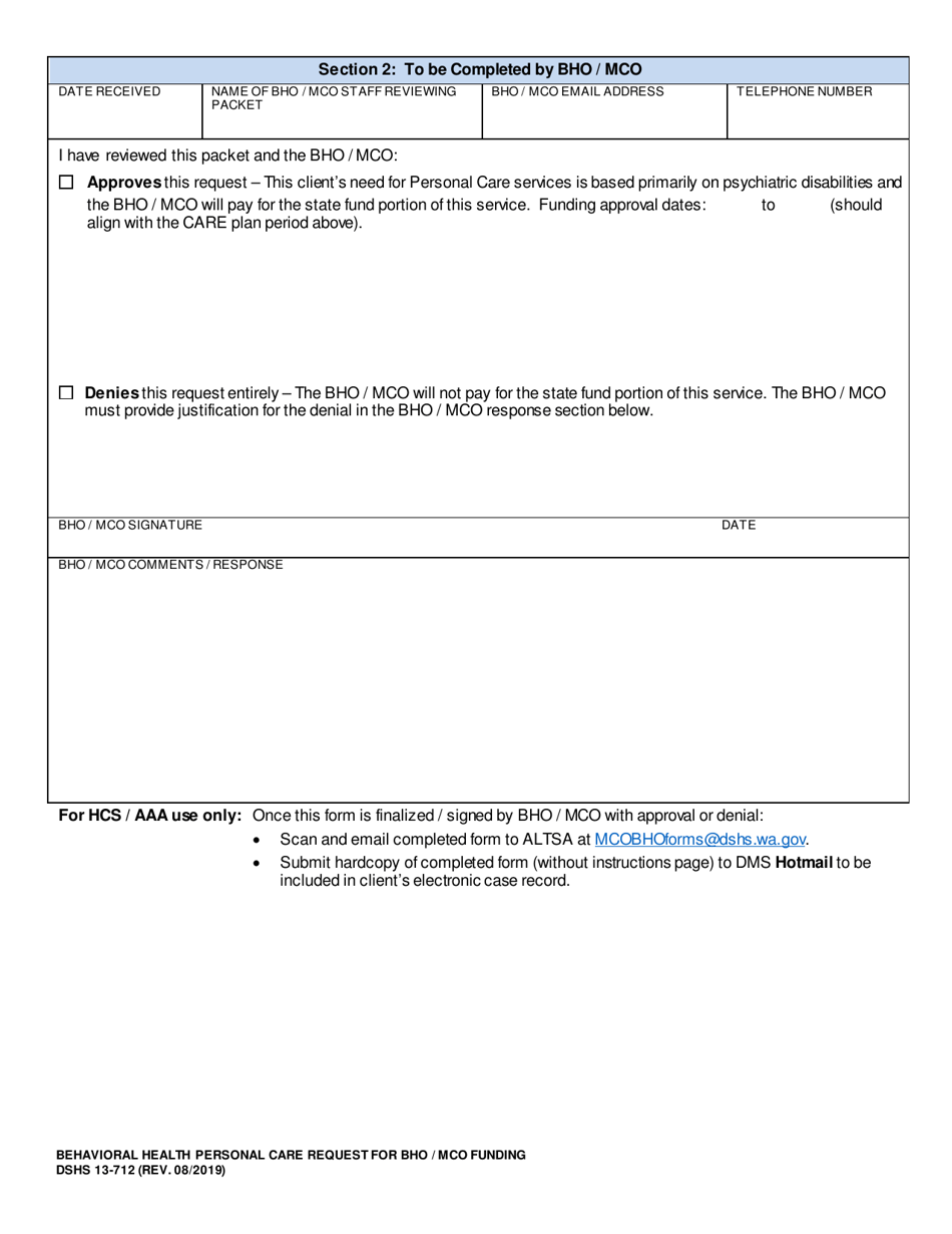 DSHS Form 13-712 Behavioral Health Personal Care Request for Bho / Mco Funding - Washington, Page 2