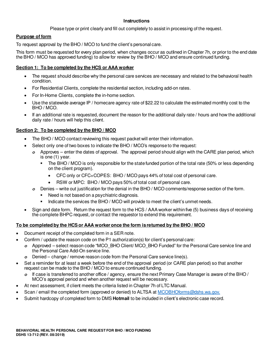 DSHS Form 13-712 Behavioral Health Personal Care Request for Bho / Mco Funding - Washington, Page 3
