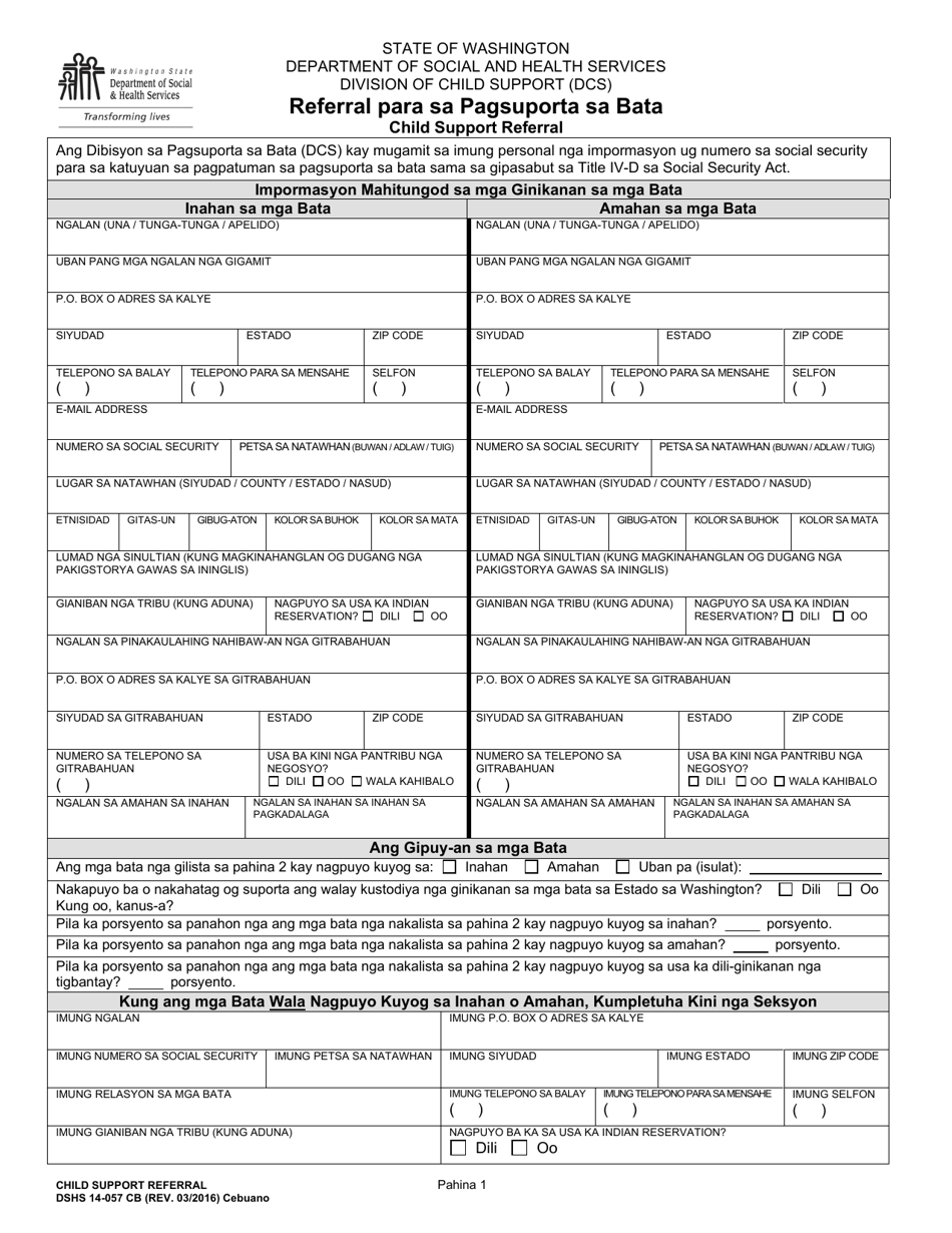 DSHS Form 14-057 Child Support Referral - Washington (Cebuano), Page 1