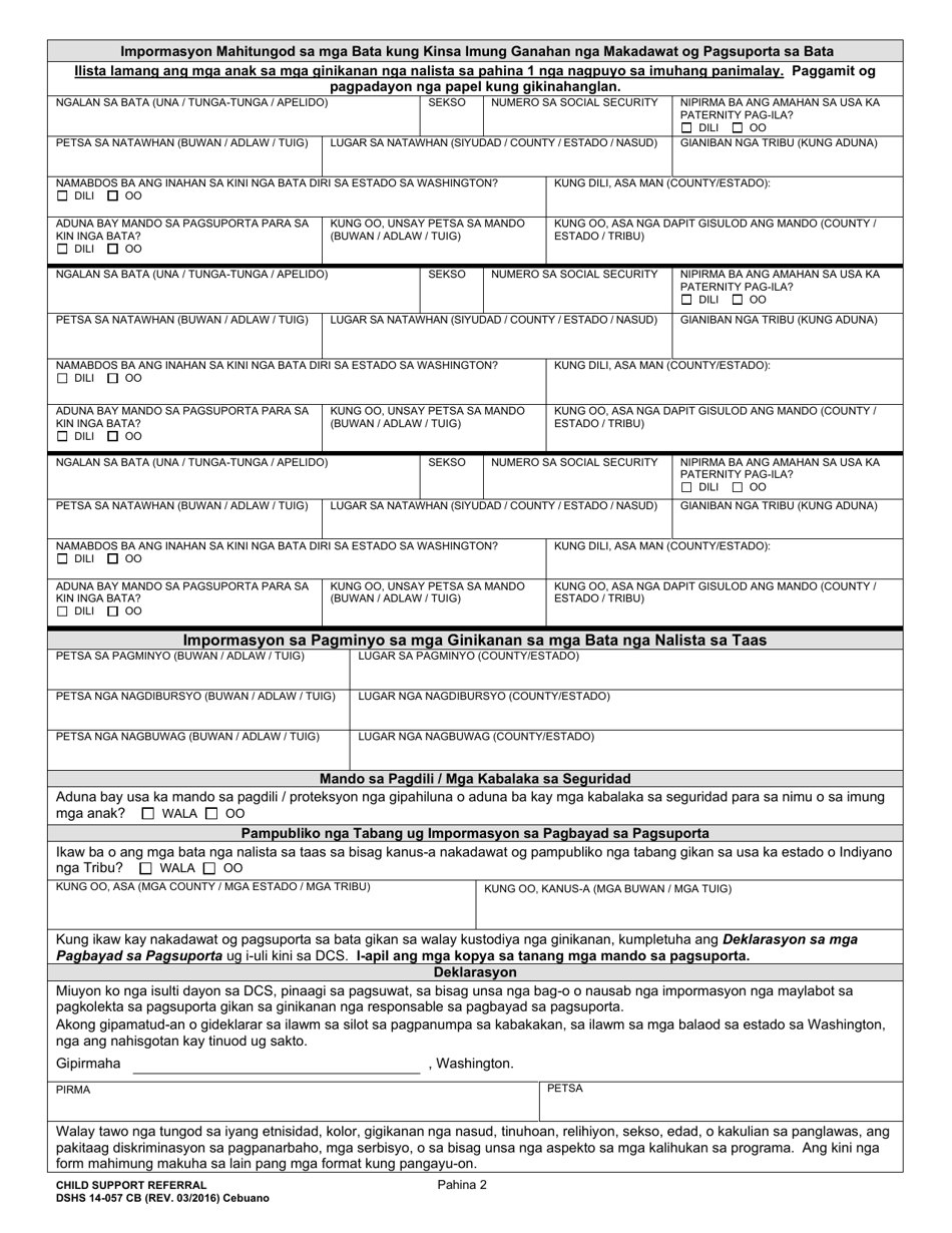 DSHS Form 14-057 Child Support Referral - Washington (Cebuano), Page 2