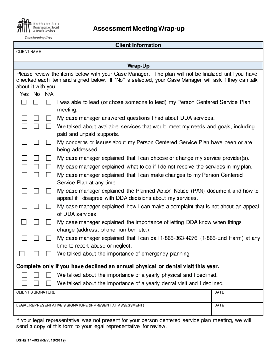 DSHS Form 14-492 Assessment Meeting Wrap-Up - Washington, Page 1