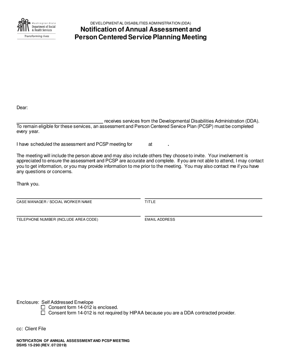 DSHS Form 15-290 Notification of Annual Assessment Review and Person Centered Services Planning Meeting - Washington, Page 1