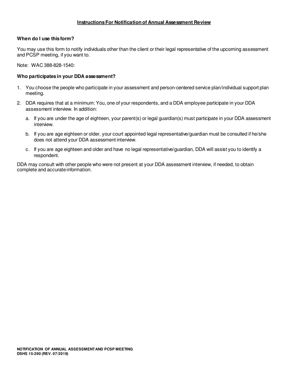 DSHS Form 15-290 Notification of Annual Assessment Review and Person Centered Services Planning Meeting - Washington, Page 2