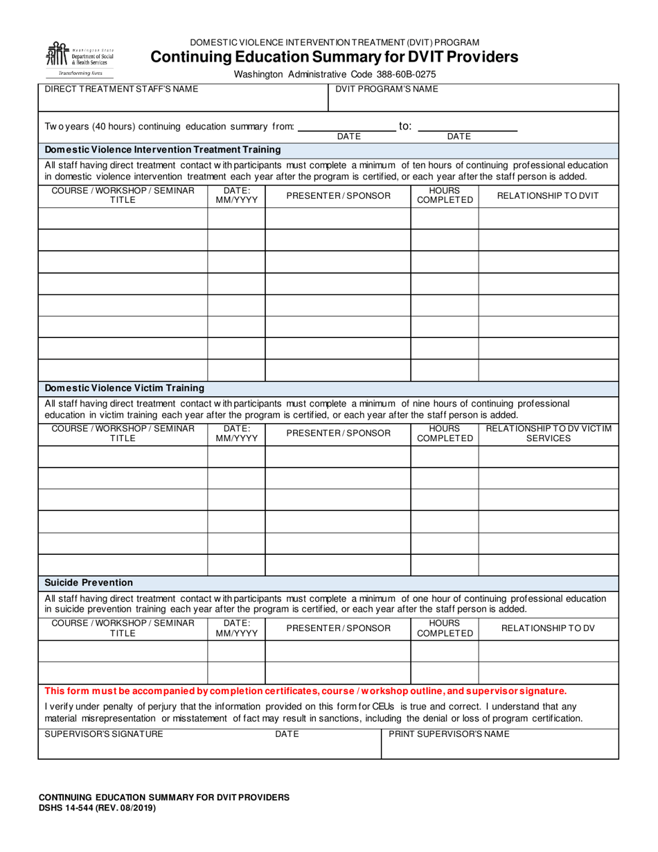 DSHS Form 14-544 Continuing Education Summary for Dvpt Providers - Washington, Page 1