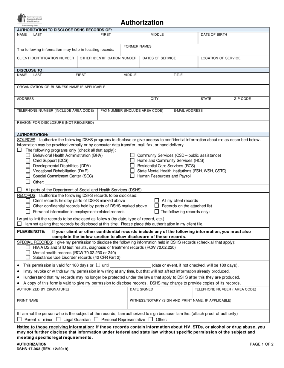 DSHS Form 17-063 Authorization - Washington, Page 1