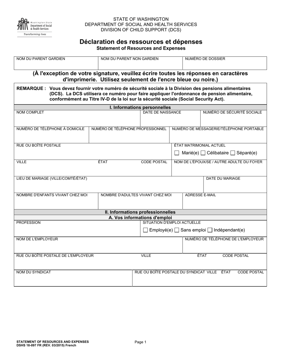 DSHS Form 18-097 Statement of Resources and Expenses - Washington (French), Page 1