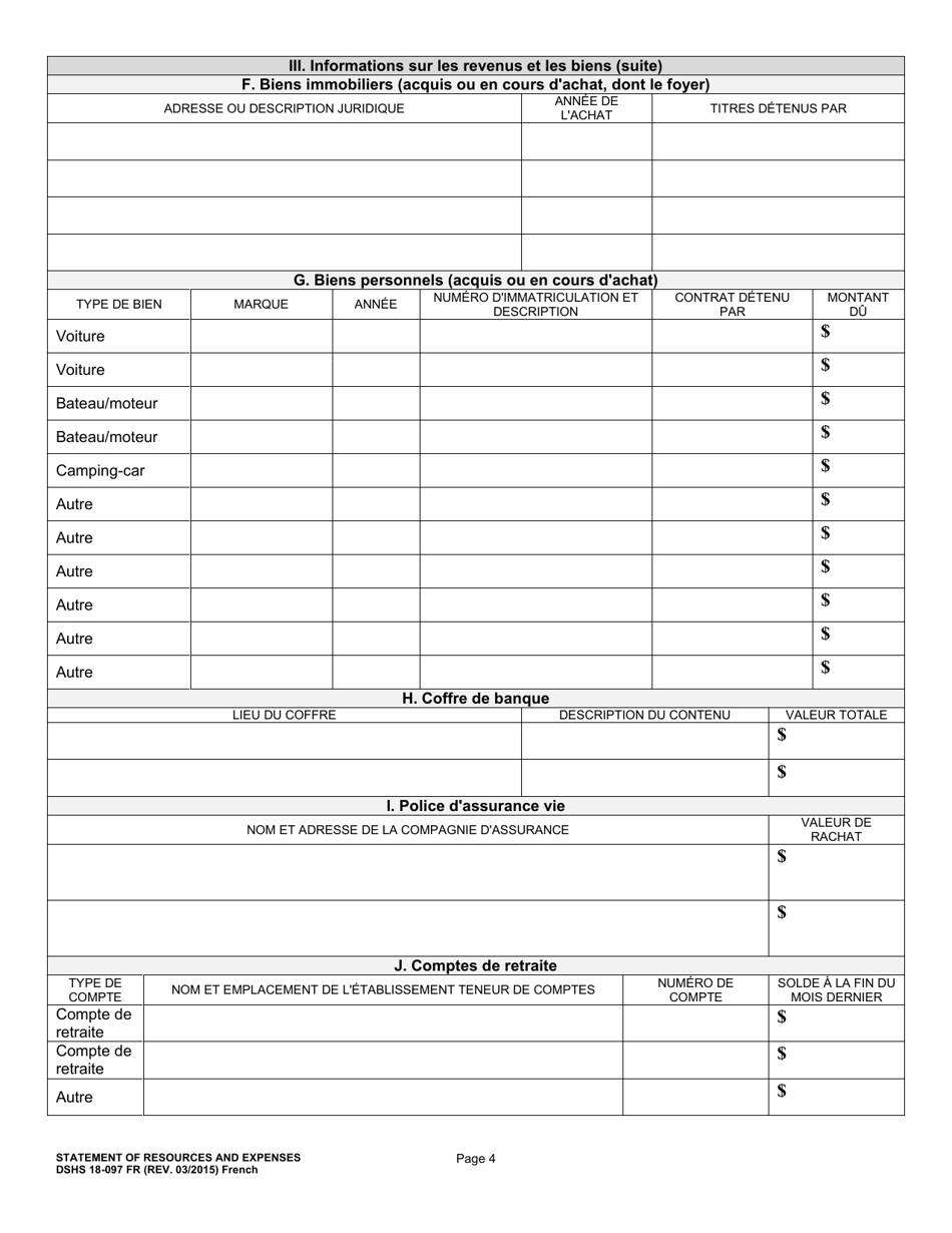 DSHS Form 18-097 Statement of Resources and Expenses - Washington (French), Page 4
