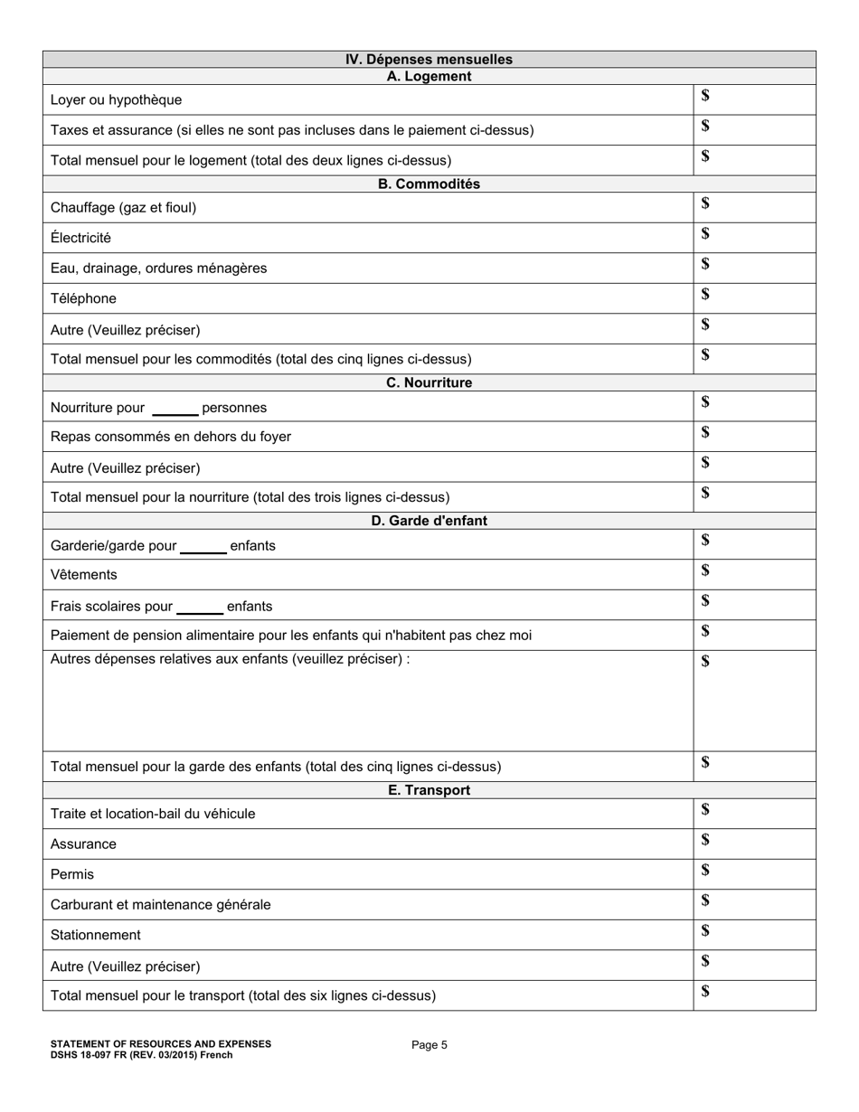 DSHS Form 18-097 Statement of Resources and Expenses - Washington (French), Page 5