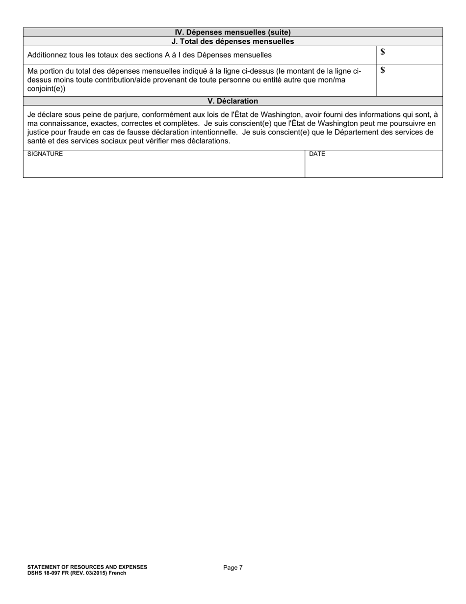 DSHS Form 18-097 Statement of Resources and Expenses - Washington (French), Page 7