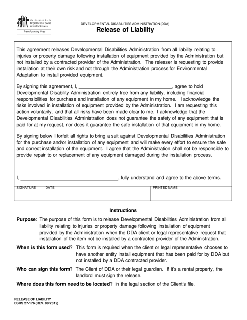 DSHS Form 27-176 Release of Liability - Washington