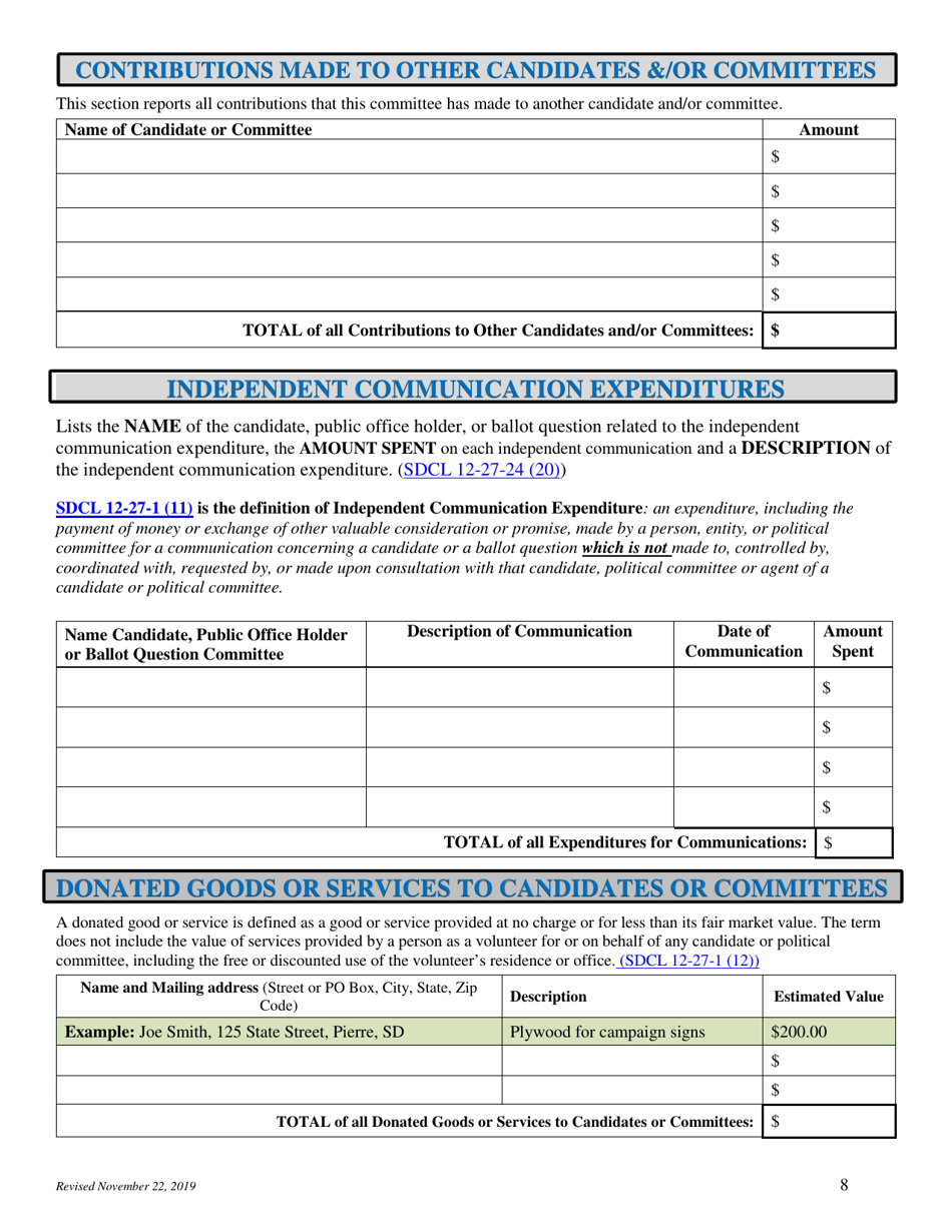 Local Jurisdictions Campaign Finance Disclosure Report - South Dakota, Page 8