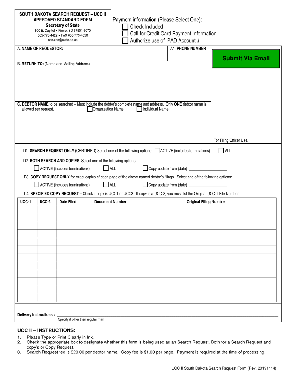 Form UCCII South Dakota Search Request Form - South Dakota, Page 1
