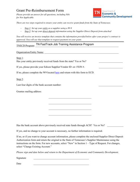 Grant Pre-reimbursement Form - Tennessee Download Pdf